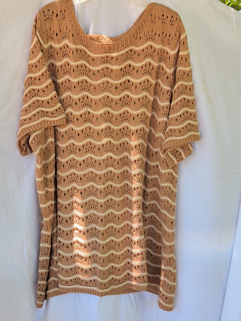 Open-Knit Wave Stripe Cool Cotton Sweater - Cream and Tan